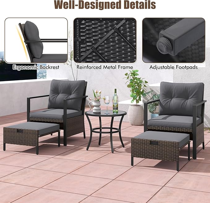 Tangkula 5 Piece Outdoor Furniture Set, Rattan Chairs & Ottomans w/Round Glass Topped Coffee Table, Space Saving Cushioned Patio Conversation Set for Backyard, Poolside (Gray)