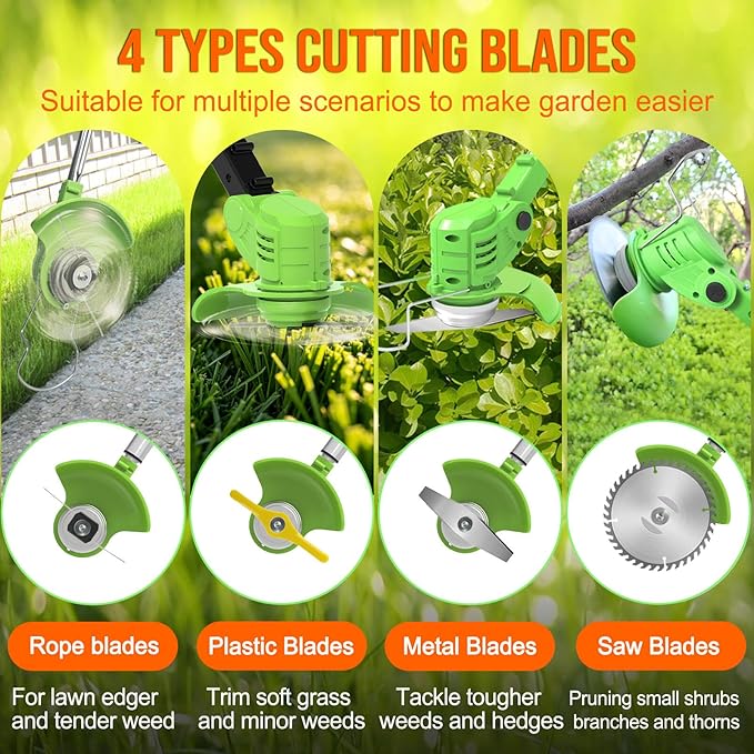 Cordless Weed Wacker, 21V Battery Powered Weed Eater with 2 Battery and Charger, Electric Grass Trimmer with 5 Types 26Pcs Blade, 3 in 1 Stringless Weed Trimmer Brush Cutter Edger for Lawn Garden
