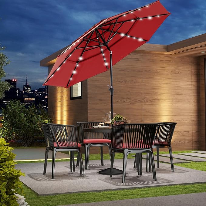 DUMOS LED Outdoor Patio Umbrella 10 FT UV-Resistant Market Umbrella with Tilt Adjustment & Crank Lift, All-Weather Shade for Backyard, Deck, Garden, Beach