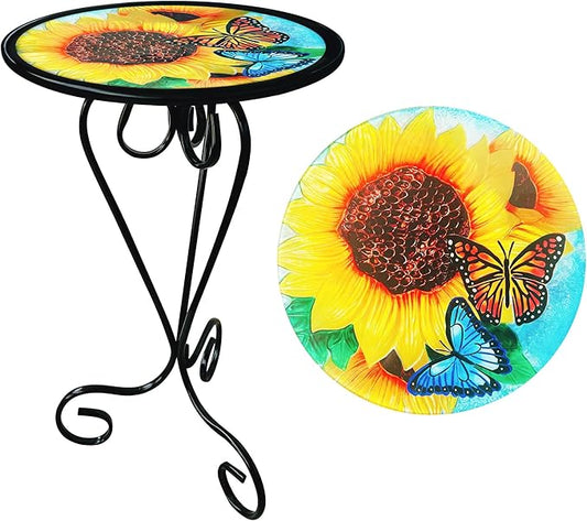 Sunflower Butterfly Side Table with Glass Top & Metal Base Furniture Decor | Manortang; 12 Inch; Side Table; Glass Top & Metal Base; Living Room Decor; handicrafts; Indoor & Outdoor; Great gift choice