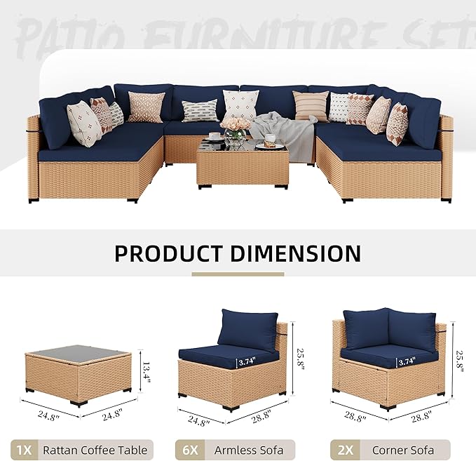 UPHA 9 Pieces Patio Furniture Sets, Wicker Outdoor Sectional Sofa Couch with Coffee Table, Patio Conversation Set for Deck Backyard Garden, Beige Rattan, Navy Blue Cushion
