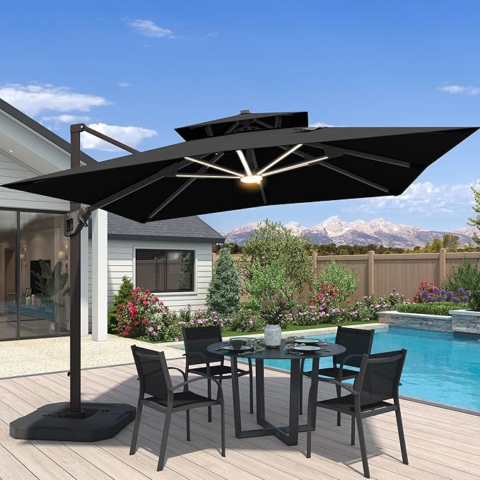 10x10 FT Cantilever Patio Umbrella with Base and Led Lights Double Top Outdoor Square Large Heavy Duty Aluminum Offset Umbrellas with 7 Level Tilt 360-degree Rotation for Pool Garden Deck, Black