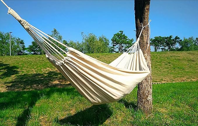 White Hammock Swing Bed,Single Person Cotton Fabric Canvas Travel Hammocks 500lbs Ultralight Camping Hammock Portable Beach Swing Bed with Carrying Bag for Outdoors and Indoors