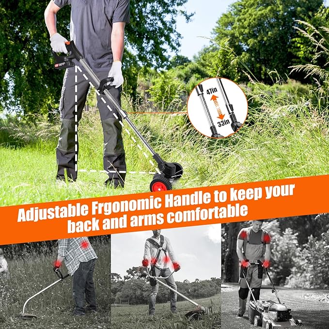 Electric Weed Wacker Cordless with Wheels,21V Battery Powered Weed Wacker 3-in-1 Grass Trimmer/Brush Cutter/Edger, 2pcs Batteries&4 Types Blades, Lightweight, Low Noise for Thick Weeds&Yard Garden