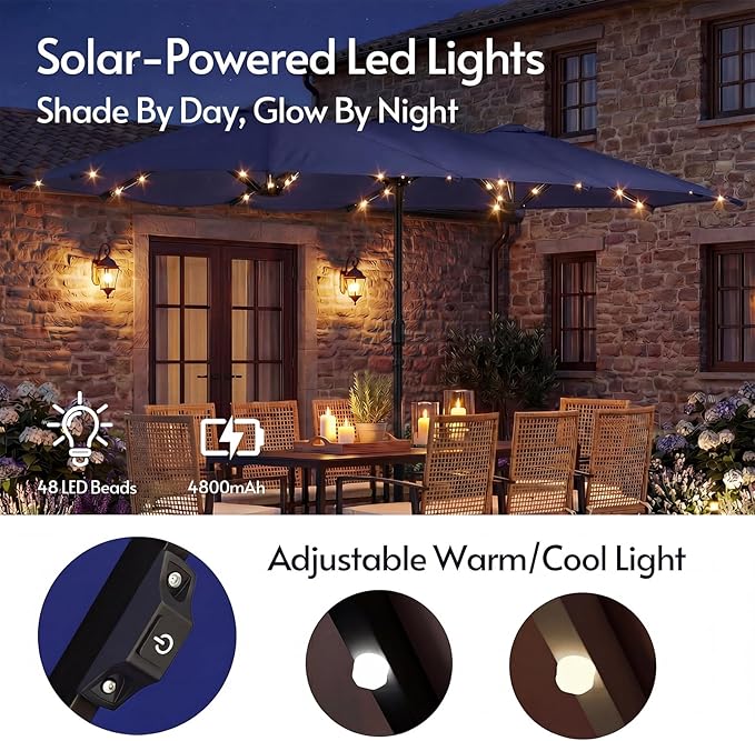 15ft Double-Sided Patio Umbrella with Solar Lights and Base Included, Large Patio Umbrella with 48 LED Dual-Color Lights, 135 Sq Ft Shade Area Patio Table Umbrella for Pool, Outddor, Deck (Navy Blue)