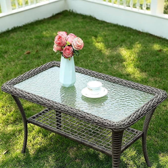 MEETWARM Wicker Patio Coffee Table, 34.5" Rectangle Outdoor Coffee Table with Tempered Glass Top and 2-Tier Storage Shelf, All-Weather Rattan Patio Side Table for Outside Poolside Deck Garden, Gray