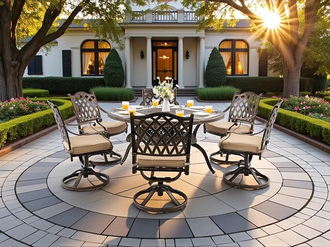 Outdoor Dining Set Cast Aluminum Retro Patio Dining Set with Thicker Cushion and Umbrella Hole for Patio Deck (Bronze Swivel Chair(Lattice), 7 Pcs(54" Round Table))
