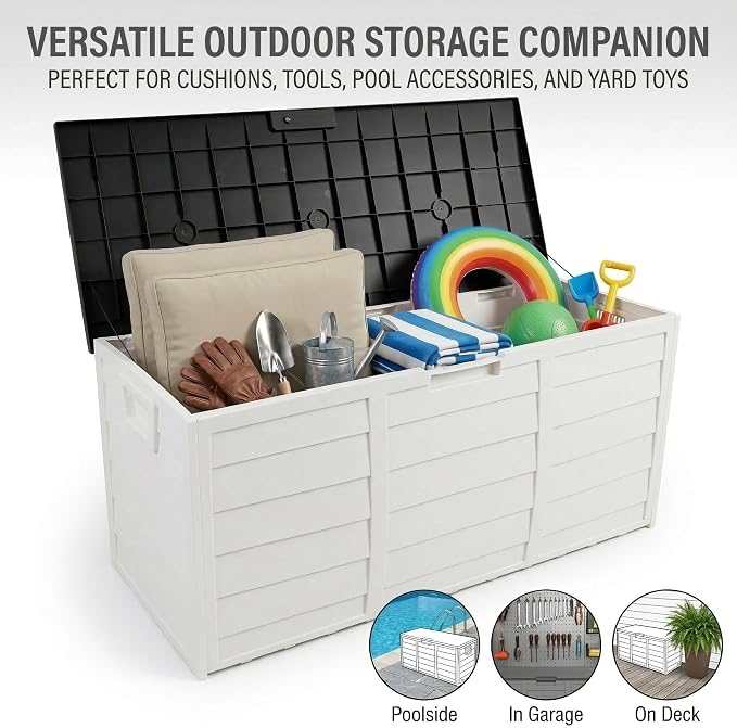 75 Gallon Outdoor Storage Box, 260L Waterproof Resin Deck Box for Patio Furniture Cushions, Garden Tools and Yard Accessories, Lockable Storage Chest with Wheels and Handles (Black+White)