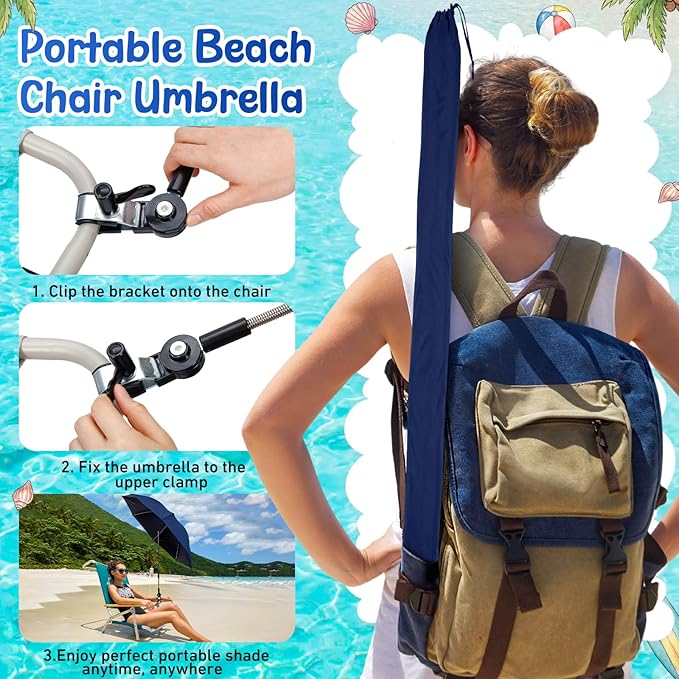 Sadnyy 6 Pcs Beach Chair Umbrella with Universal Clamp, 360 ° Adjustable Clip on Umbrellas 42" UPF 50+ Portable Sun Shade for Beach Chair Patio Camping Wheelchair Stroller Golf Cart
