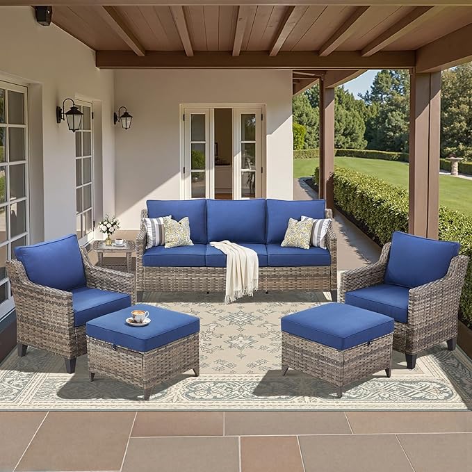 Buenhomino Outdoor Patio Furniture Set-PE Wicker Sofa Couch with Ottomans Comfy Cushions, All Weather High Back Patio Conversation Set for Porch Deck Balcony Garden Grey/Blue
