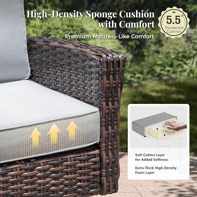 6-Piece Wicker Patio Furniture Set with Swivel Chairs, High Back Outdoor Furniture with Fire Pit Table and Ottoman, All-Weather Wicker Patio Conversation Set for Deck Yard Pool, Grey