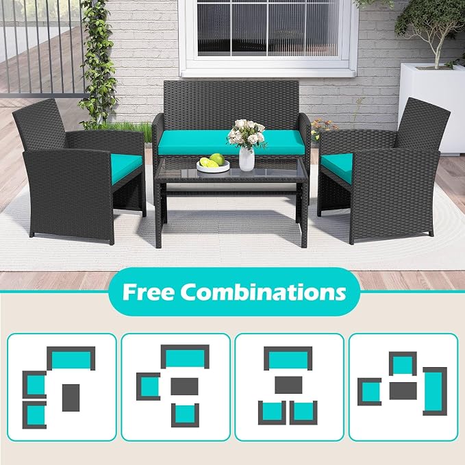 RELAX4LIFE 4-Piece Patio Furniture Set - Wicker Rattan Outdoor Sectional Sofa Set w/Glass Coffee Table, Loveseat, 2 Chairs & Soft Cushions, Bistro Conversation for Garden Porch (1, Black-Turquoise)