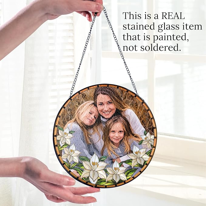 Custom Photo with Flowers, Personalized Stained Glass Window Hanging Suncatcher - Mother's Day, Birthday Gift for Mom, Grandma, Family, Portrait Family
