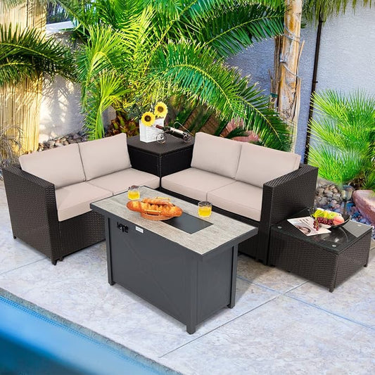 COSTWAY 5 Piece Patio Furniture Set with 42'' Fire Pit Table, Outdoor Wicker Rattan Loveseat Sofa with 4'' Thickened Cushions, 2 Side Tables, Sectional Conversation Set for Backyard (Beige)