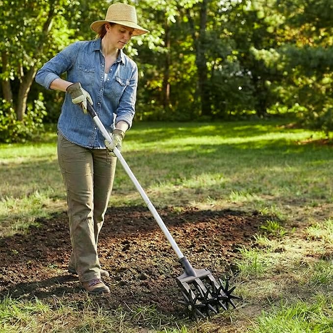 Lightweight Rotary Cultivator Garden Rotary Tiller with Anti-Slip Grip, Adjustable Steel Poles, Hand Tiller for Reseeding Grass Lawn or Soil Mixing Tiller Total Length 68.9 Inch