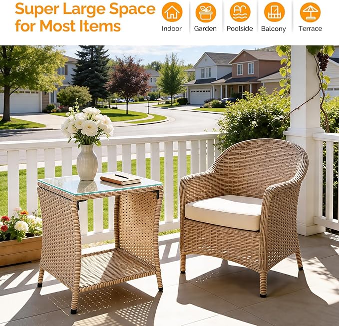 VINGLI Outdoor Wicker Side Table Patio Side Tables for Outside, Tempered Glass Top Wicker Table with Storage End Table for Balcony Porch Deck (Natural)