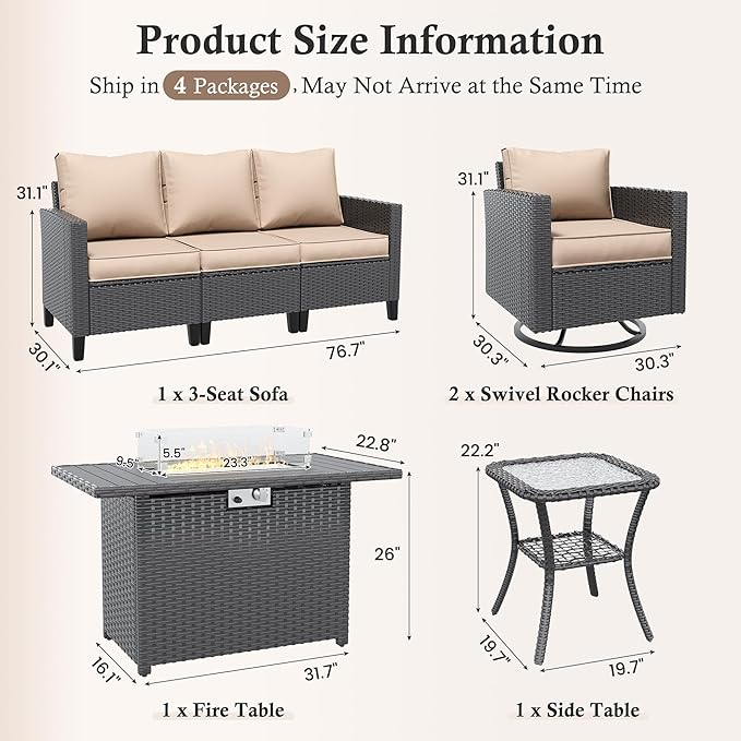 Amopatio Patio Furniture Set, 5-Piece Wicker Outdoor Sectional Sofa with Swivel Rocker Chairs, Rattan Conversation Set with Fire Pit Table and Waterproof Cover for Backyard Black/Khak