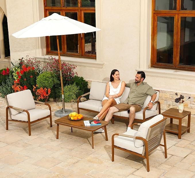 5-Piece Outdoor Patio Furniture Set, Aluminum Frame with Side Table, Hand-Woven Rattan Design, Waterproof Fabric, Ideal for Patio, Deck, and Porch, Beige