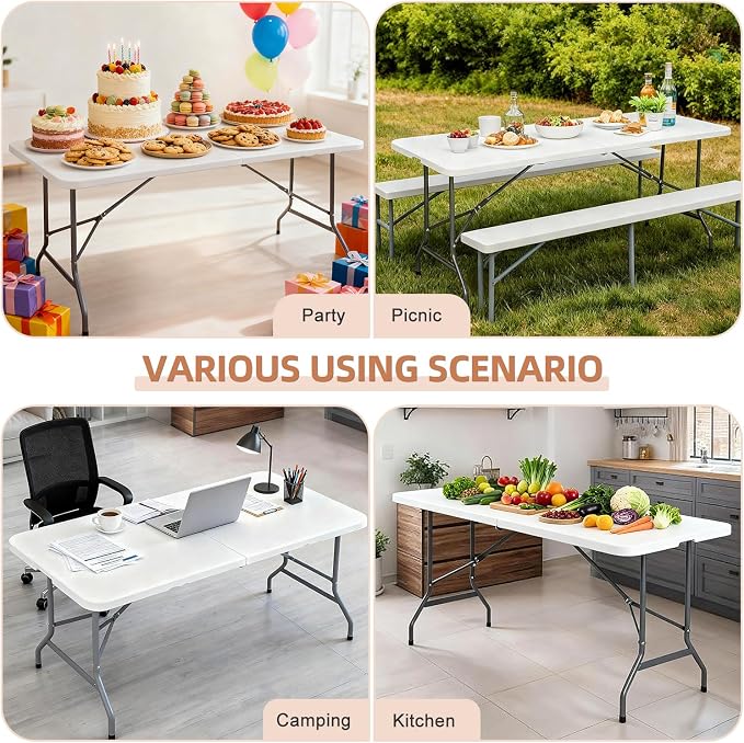 ZenStyle 6 ft Indoor Outdoor Heavy Duty Plastic Folding Table Portable Picnic Table Fold-in-Half Utility Table w/Handle and Steel Legs for Camping, Dining, Party, 71 x 27 Inch, White