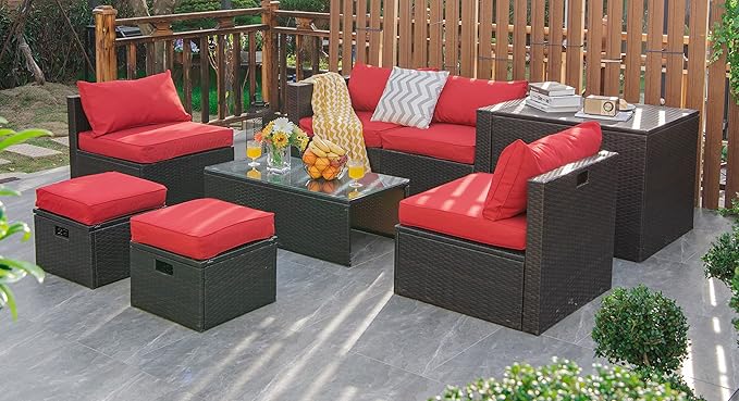 COSTWAY 8-Piece Outdoor Patio Furniture Set, Rattan Sectional Sofa, Armless Chairs, Side Table with Storage Ottoman & Glass Coffee Table, Space-Saving Conversation Set for Garden Deck (Red)