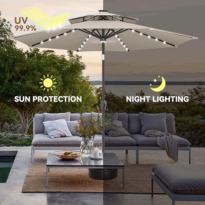 9ft Solar Umbrella Outdoor - 2-Tier Lighted Solar Patio Umbrella with 40 LED Lights Waterprool UV Protection, Table Umbrella with Tilt for Pool, Porch, Garden, Backyard (Taupe)