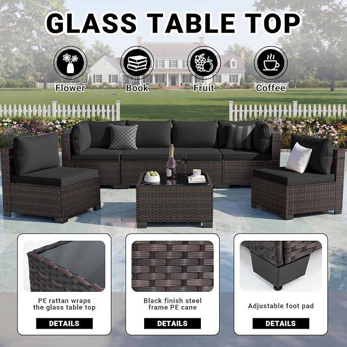 CHABATREE 7-Piece Outdoor Patio Furniture Sets, Manual Weaving Rattan Conversation Sectional Sofa with Tempered Glass Coffee Table, All-Weather PE Wicker & Thick Cushions for Garden, Backyard, Porch