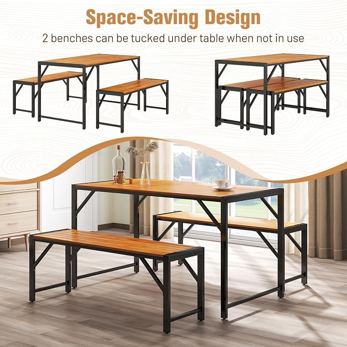 Tangkula 3 Pieces Patio Dining Set for 6 People, Outdoor Picnic Table & 2 Benches, 53” Acacia Wood Dining Table w/Metal Frame, Space-Saving Dinette Set for Garden Porch Poolside Yard Balcony