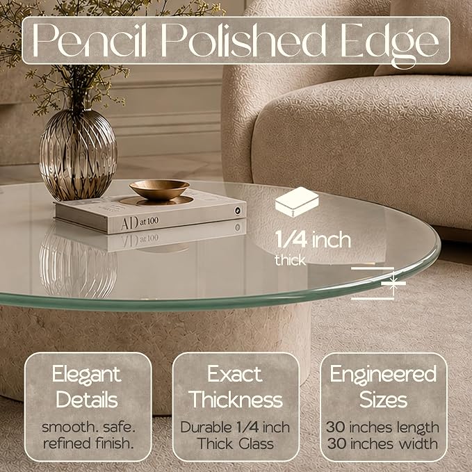 30 inch Round 1/4" Thick Pencil Polished Edge Glass Table Top with 6 Bumpers - Tempered, Scratch Resistant & Safety Replacement Glass Designed for Dining, Coffee, Patio & End Tables