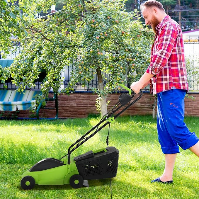 Electric Lawn Mower Corded Push Mower with 12 Amp, 13 Inch Lawnmower with 3 Adjustable Cutting Heights and Collection Box Included for Yard, Lawn and Garden Care