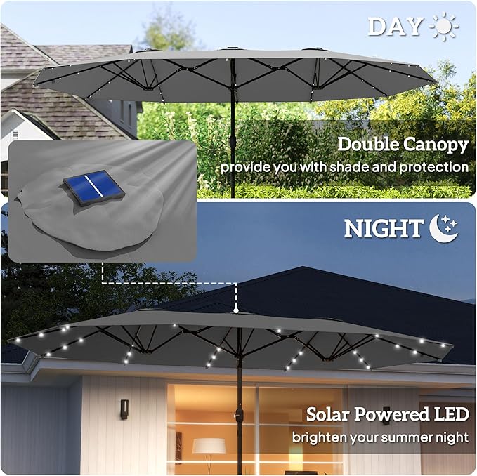 Outsunny 14.4ft Large Patio Umbrella with 36 Solar LED Lights, Double Sided Outdoor Umbrella with Base Included