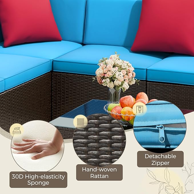 Flamaker 7 Pieces Patio Furniture Set with Fire Pit Table Outdoor Sectional Patio Sofa Furniture Set with Gas Fire Pit and Coffee Table & Ottoman Cushion Pillows, Blue