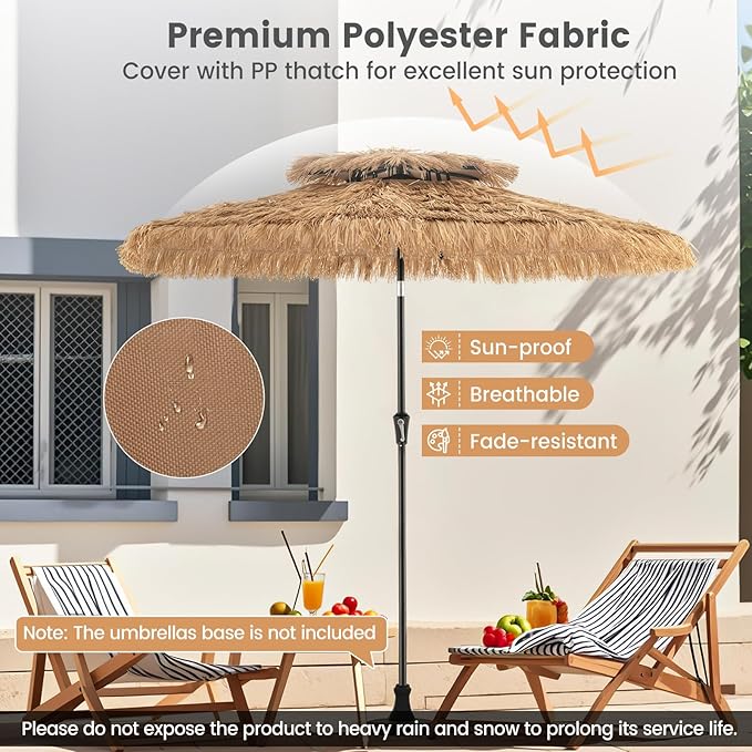 HAPPYGRILL 7.2FT Hula Thatched Tiki Umbrella w/Tilt, Hawaiian Style Beach Umbrella Patio Table Market Umbrella, Sun-Protective Portable Tropical Palapa for Outdoor Tiki Bar Garden Beach Pool Backyard (8.8 FT)