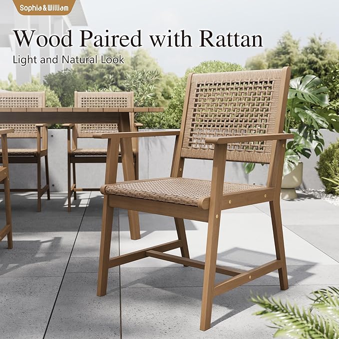 Sophia & William Patio Table and Chairs Set, 9-Piece Rattan Outdoor Dining Set Acacia Wood Patio Dining Sets for Yard, Garden, Porch and Poolside(Light Brown)