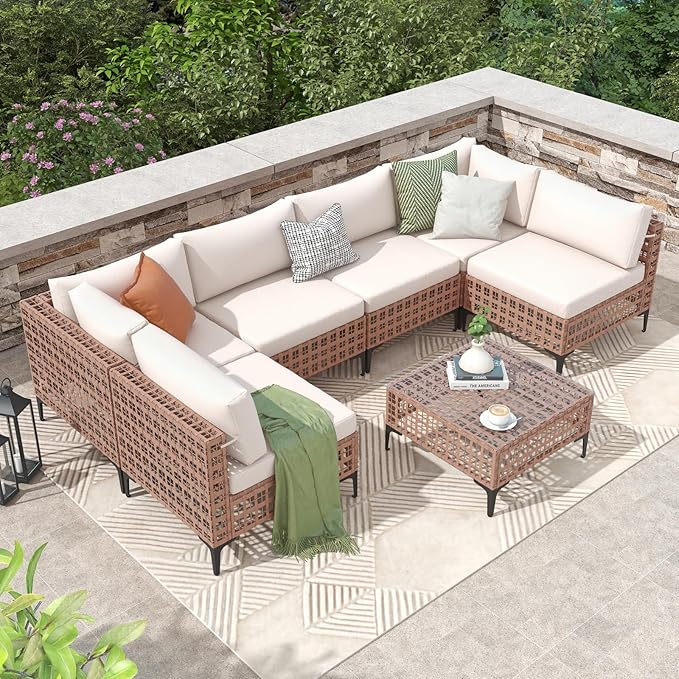 Patiorama 7 Piece Wicker Patio Furniture Set, Natural-Colored PE Rattan Outdoor Conversation Set Sectional Sofa with Water Resistant Cushion and Glass Table, Outdoor Couch, Porch, Backyard-White