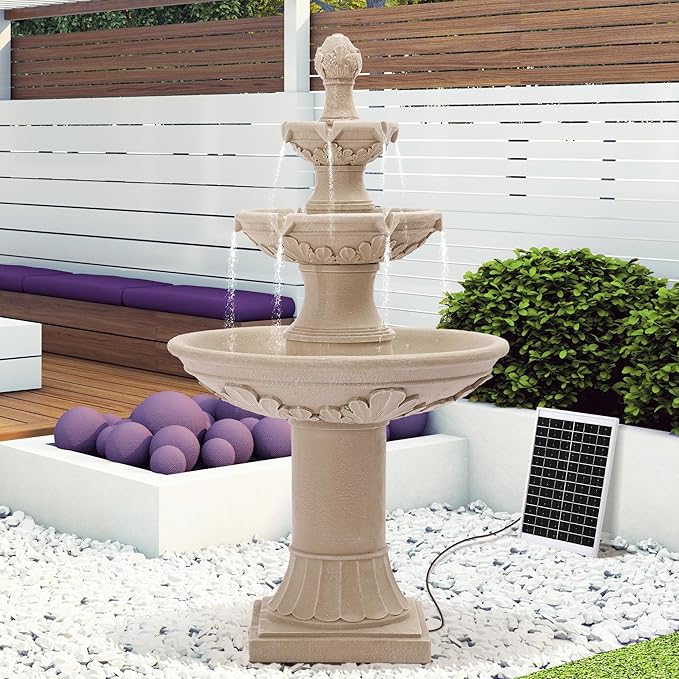 TITIMO 48.4" High Solar Italian Feature Freestanding Water Fountain Outdoor and Indoor,3-Tier Roman Pillar Waterfalls Fountains with Solar Panel for Garden,Patio,Yard,Deck,Backyard,Porch