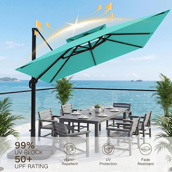 Kingdura Cantilever Patio Umbrella with Double Top Vent, Large Square Aluminum Outdoor Offset Umbrella with 360-degree Rotation, Infinite Tilt, UV Protection for Pool Deck Garden Patio