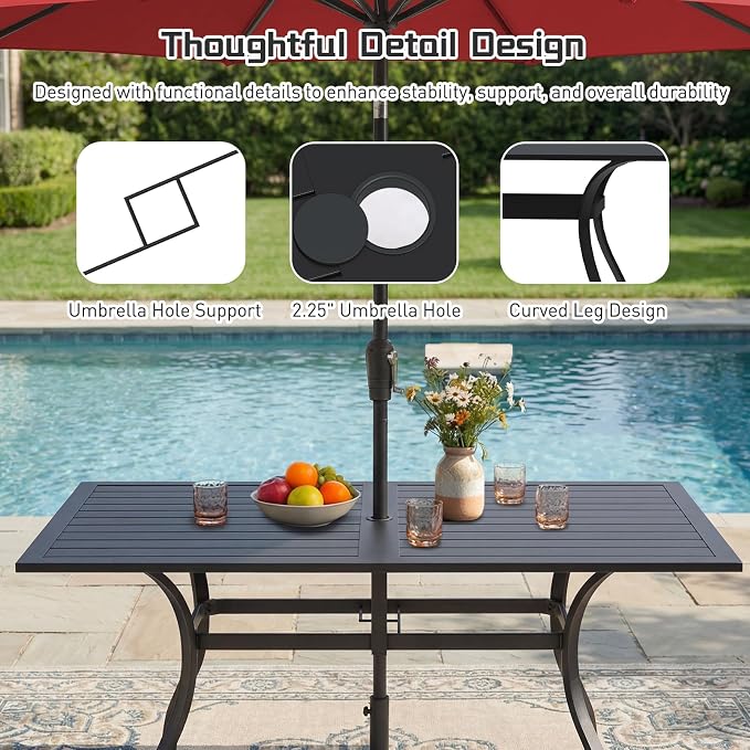 7 Piece Outdoor Patio Dining Set, 62’’ Rectangular Metal Dining Table with Umbrella Hole & 6pcs Outdoor Metal Dining Chairs, Outdoor Furniture Dining Set for Patio, Balcony, Lawn, Garden, Backyard