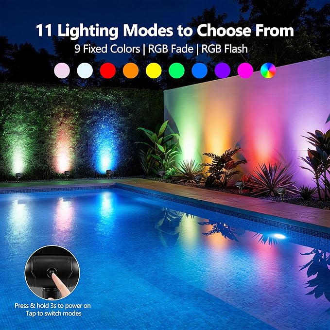 Brizled Solar Powered Outdoor Spot Light Color Changing Landscape Spotlight | RGB 9 Color & 11 Mode; 360° Rotation; IP65 Waterproof; Adjustable Height; Stake or Wall Mounted for Yard Tree Garden Pathway
