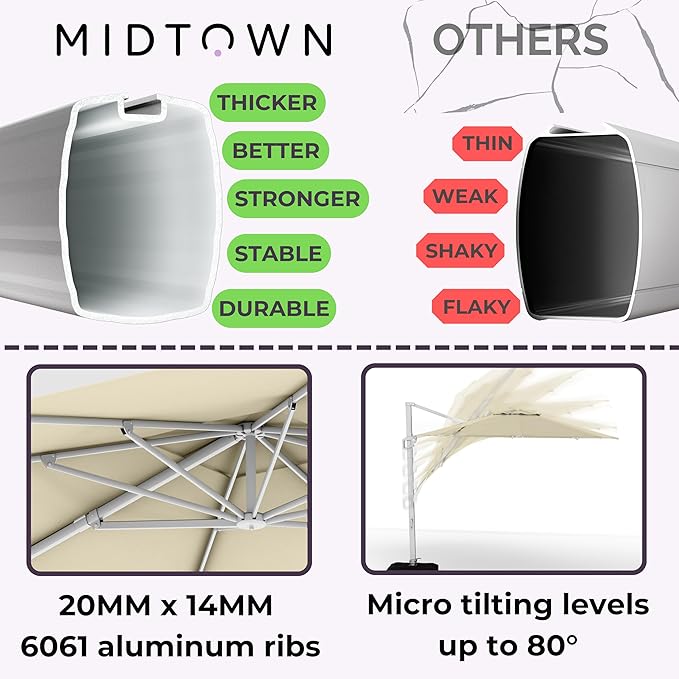 Midtown Umbrellas 10 Ft Outdoor Cantilever Patio Umbrella w/Sunbrella Antique Beige - Tilt 360° Rotate Offset Patio Umbrella, Deck Patio Umbrella, Backyard Umbrella & Garden Umbrella - Silver Frame