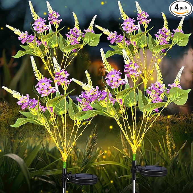 Neporal Solar Flowers Outdoor Waterproof Purple, Lilac Garden Solar Lights Decorative 4PK 8-Stem, 2 Lighting Modes, Solar Powered Garden Decor, Solar Yard Decor