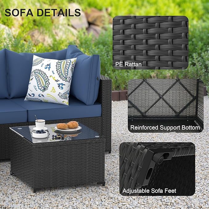 Patio Furniture Set, 5PCS Patio Sectional with Ottoman Wicker Rattan Outdoor Furniture with Thickened Cushion Modular Wicker Patio Conversation Set with Glass Top Table for Balcony, Backyard (Blue)