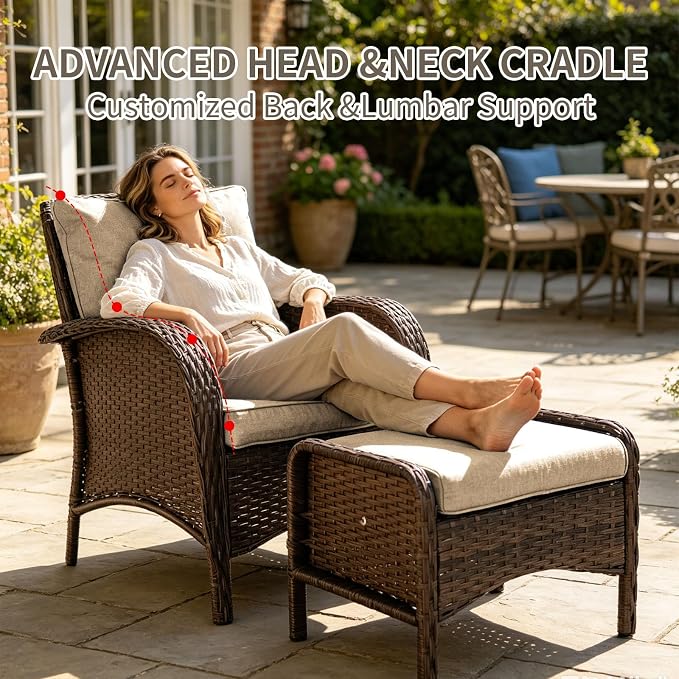 All Weather Patio Furniture Set, High Back Swivel Rocker Glider Chairs，Ottomans & Glass Tables, Outdoor Conversation Set for Deck Porch Yard Poolside (Brown, 5PCS-Swivel Chairs&Chairs&Table)