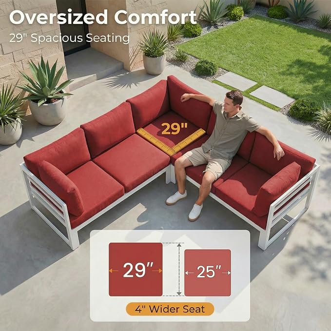 RADIATA 7 Person Modern Aluminum Outdoor Patio Furniture Set with Chaise & Firepit Table, 29 inch Wide Deep Seat, All Weather Modular Sectional Couch, Oversized Conversation Set for Garden Deck, Red