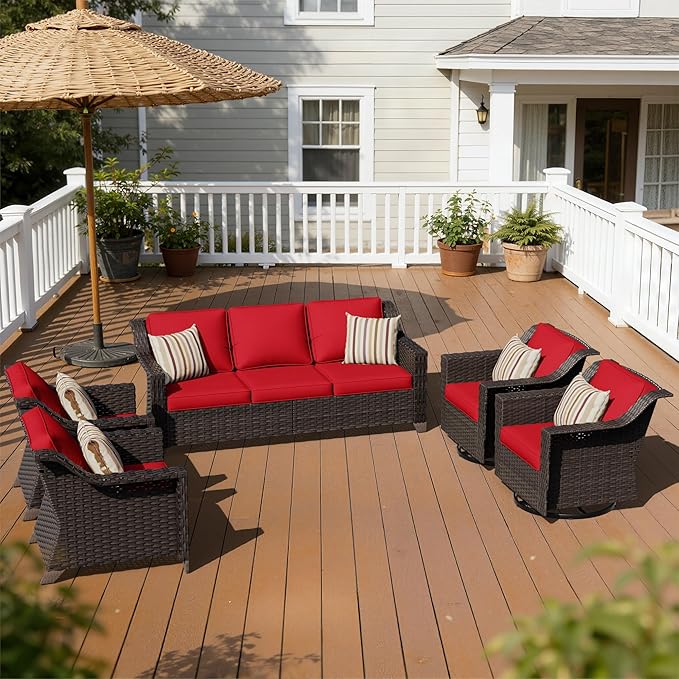 5 Pieces Patio Conversation Furniture Set - 1 Sofa, 2 Armchairs, 2 Swivel Chairs, Outdoor Wicker Furniture with Removable Cushions for Porch, Balcony, Sunroom (Red)