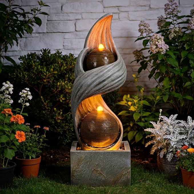 42.9"H Large Water Fountains Outdoor,Modern Spiral Water Fountain Outdoor with Dual Spheres Zen Water Feature Floor Fountain with Light LED Waterfall for Outside Deck, Patio, Porch, Garden, Yard Decor