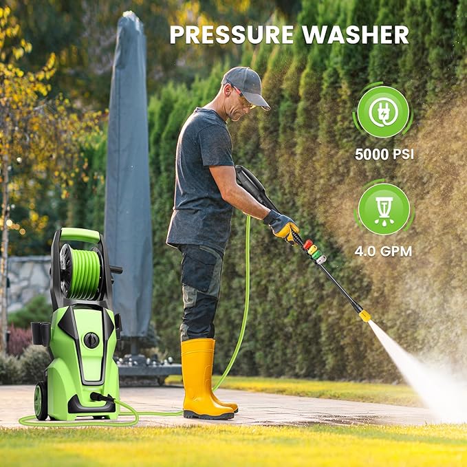 Pressure Washer 5000 PSI Adjustable Pressure, Power Cleaners Powered with 33ft Pressure Hose, 4 Nozzles and 500ml Foam Cannon, Cleaner Machine for Home, Car, Green