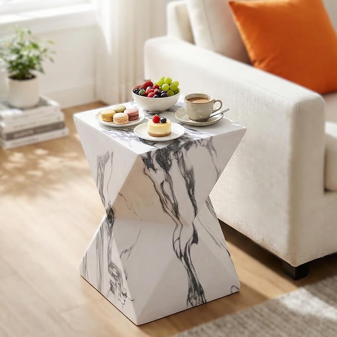 Outdoor Side Table Faux Marble Square Side Table Hourglass End Tables Small Coffee Tables for Patio Garden Stool for Porch, Backyard Balcony,12.2",Weather Resistant, White & Black