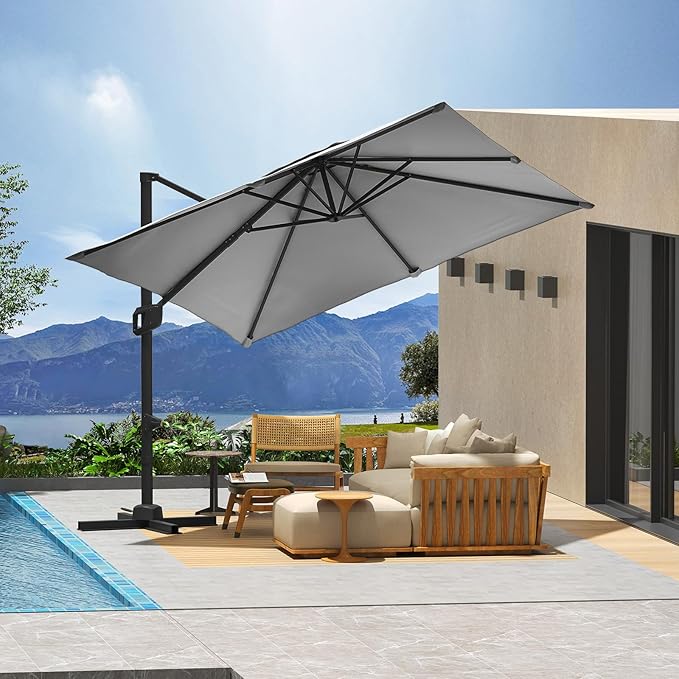 GarveeHome Cantilever Patio Umbrella 10x10ft Large Rectangle Umbrella Outdoor Market Umbrellas 360 Rotation Offset Hanging Outdoor Shade for Patio Deck Pool Backyard