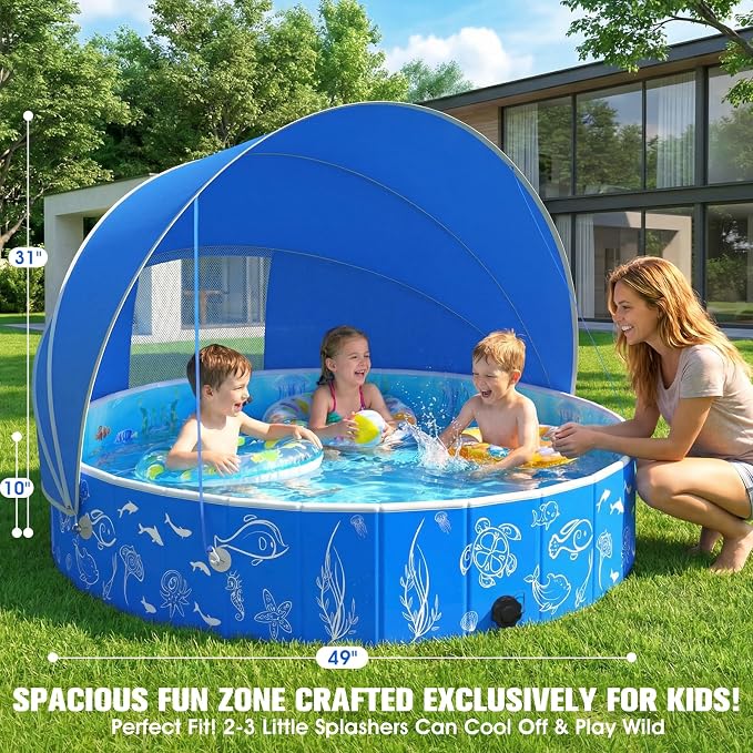 FizZeal Kiddie Pool with Canopy, 49in Foldable Toddler Pool,Pop Up Baby Pool with Shade,UPF 50+UV Portable Swimming Pool for Kids,Collapsible Baby Pool for Beach, Outdoor Toddler Pool for Backyard