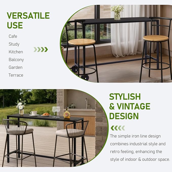 Outvita Outdoor Bar Table, 37" Height Wheeled Patio Pub Table with Waterproof Frame and Adjustable Foot for Hot Tub, Patio, Backyard, Balcony, Hallway, Bistro Rectangle, Black
